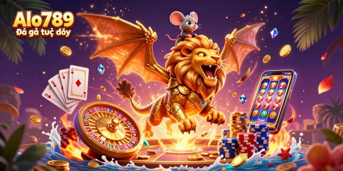 Alo789 Đá gà trực tiếp action scene with a chimera creature and mouse jockey at a fiery arena.
