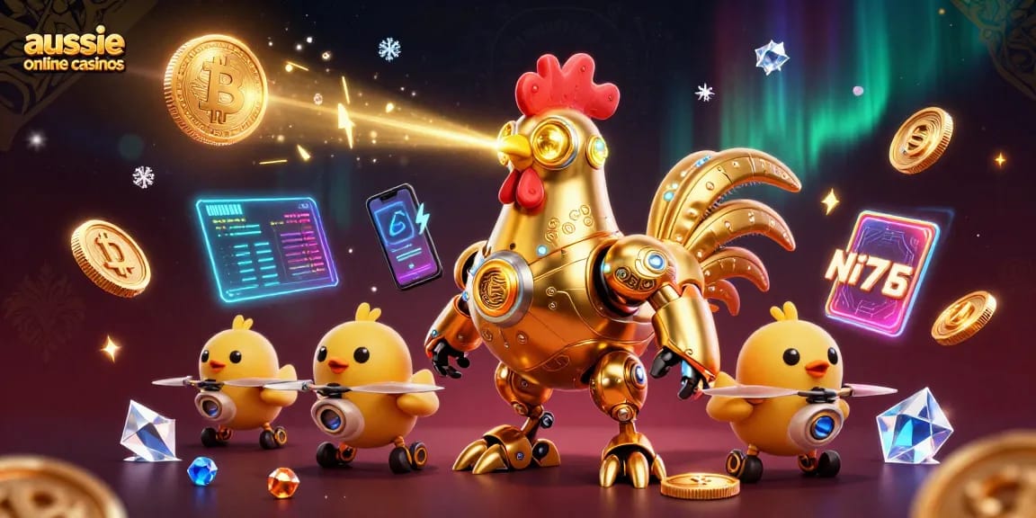Engage with aussie online casinos featuring a dynamic golden rooster robot and crypto coins.