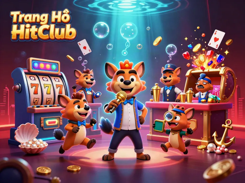 Engage with games at Trang Chủ HitClub with cartoon hyenas in a vibrant casino scene.