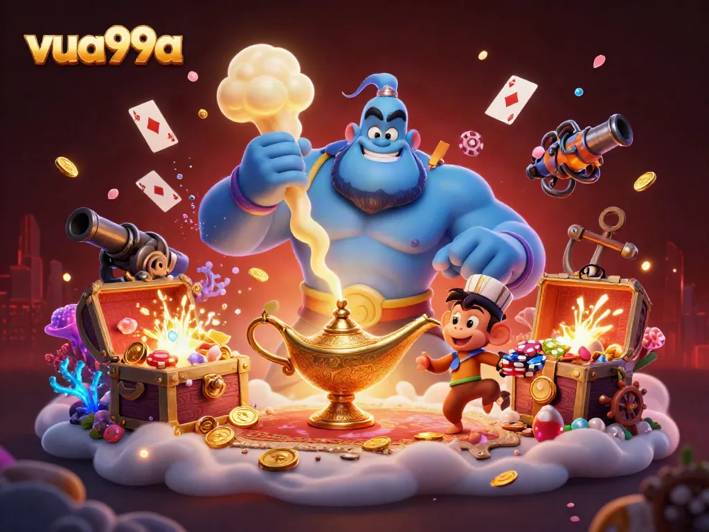 Engage with thrilling adventures at vua99a with a dynamic casino illustration featuring a genie and poker chips.