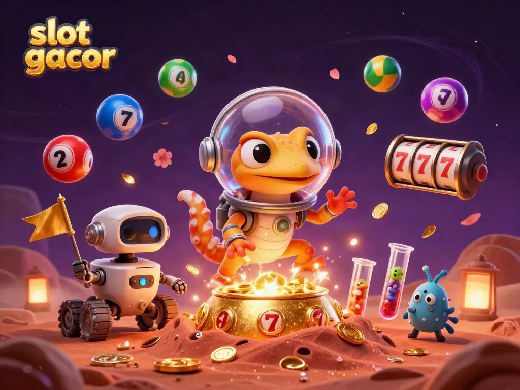 Engaging scene of a Martian gecko on Mars with slot gacor elements, celebrating a jackpot win.