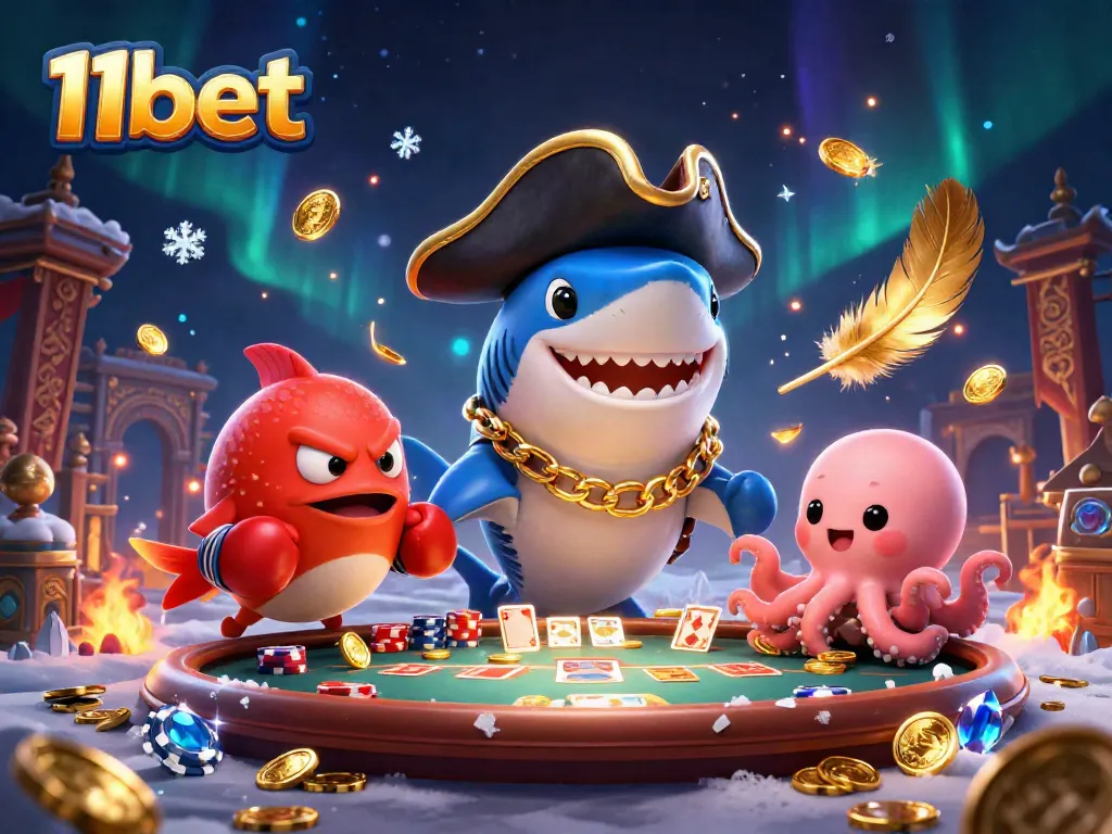 Engage in thrilling 11bet adventures with a cartoon pirate shark, pufferfish, and octopus in a vibrant casino setting.