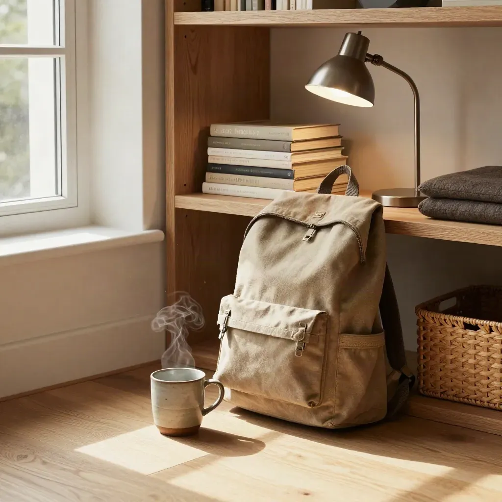 Stille studeerhoek met rugzak, boeken, lamp en mok in warm middaglicht.