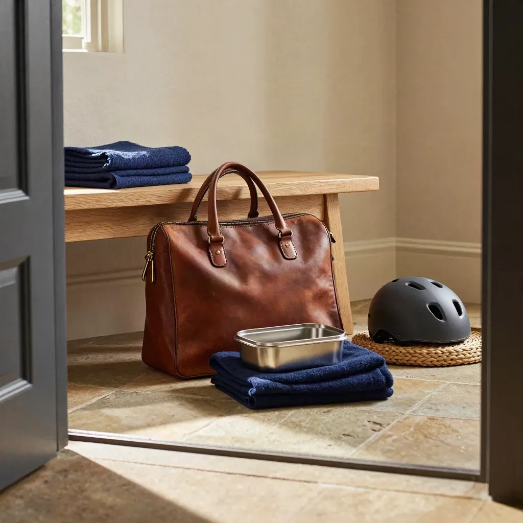 Satchel, helm en lunchbox bij een rustige entree met opgevouwen deken in warm middaglicht.