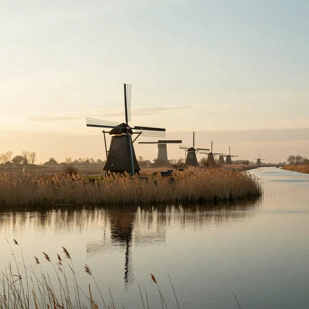 Kinderdijk windmolens in gouden avondlicht boven rustig riet en water