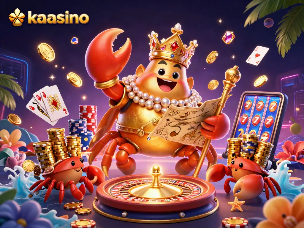Experience the excitement of kaasino with a golden crab emperor and vibrant casino elements.