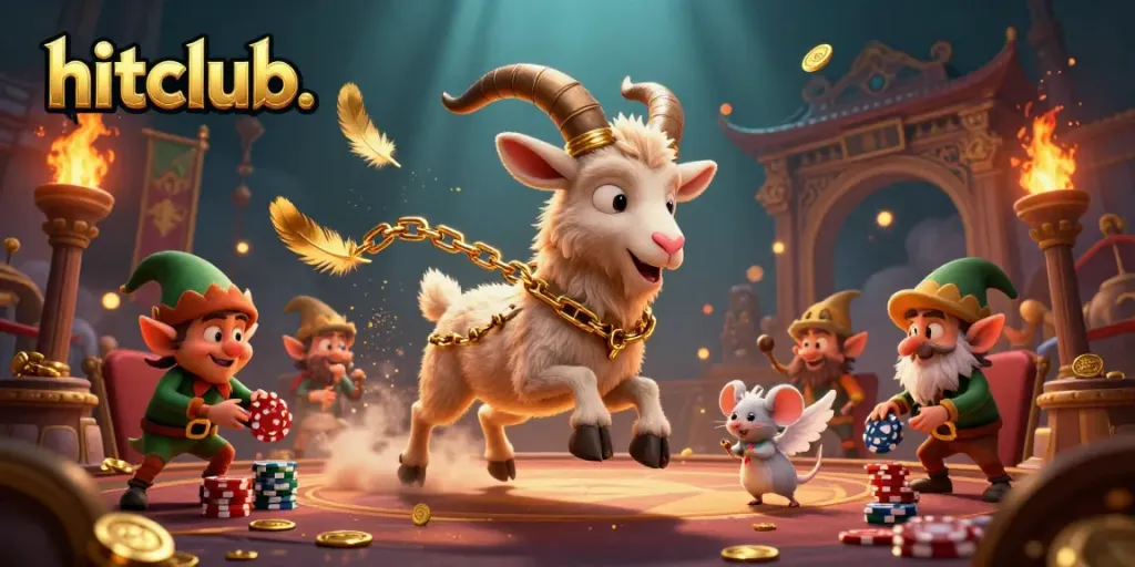 Engage in thrilling gameplay at hitclub. with a festive casino scene featuring a Krampus goat and playful characters.