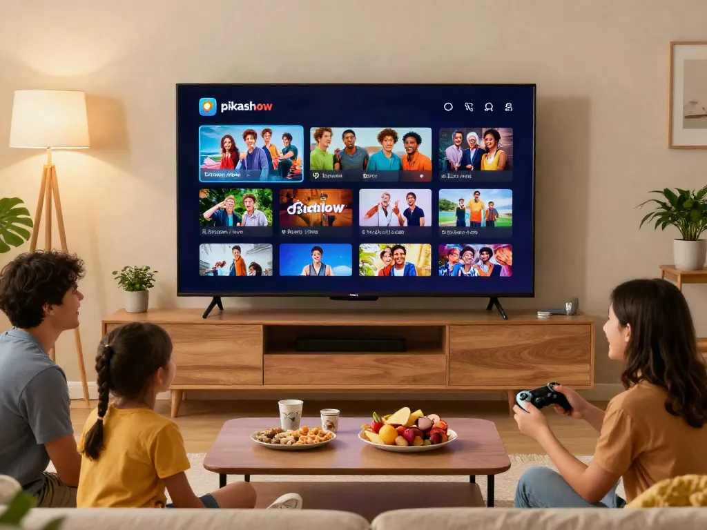 Family enjoying movies and live TV on pikashowtv.cc in a cozy living room.