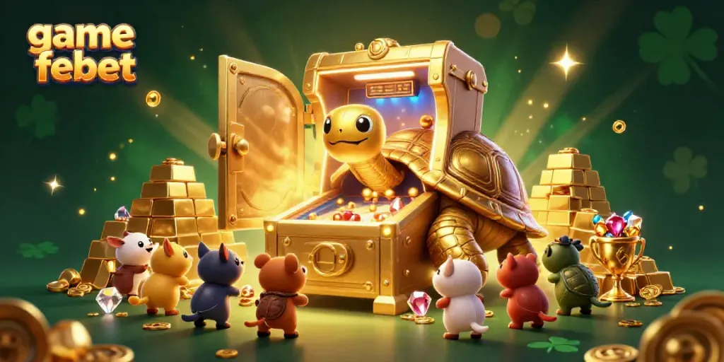 Experience the thrill of game febet with a colossal golden tortoise pinball machine, surrounded by treasures.