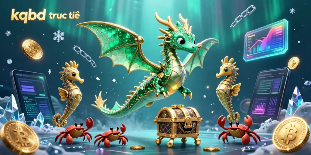 Experience the lively kqbd truc tiếp scene featuring an emerald dragon, glowing coins, and dynamic gaming elements.